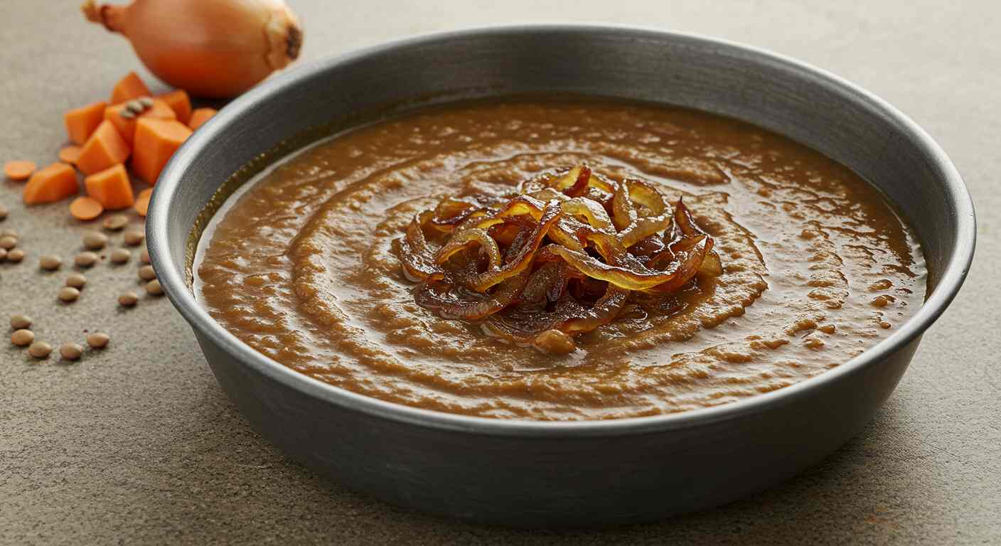 Sopa De Lentejas Con Cebolla Caramelizada