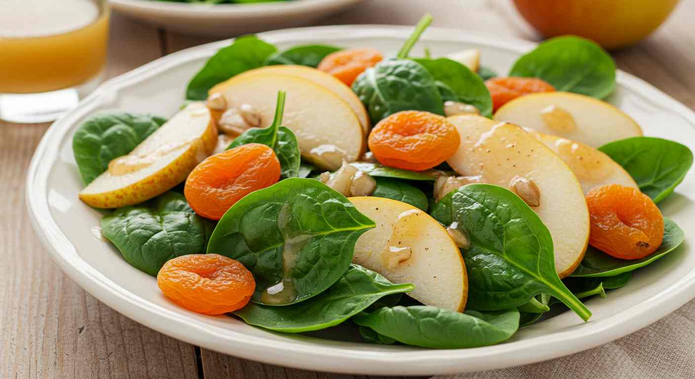 Ensalada De Espinacas Con Orejones, Peras y vinagreta de sidra de manzana