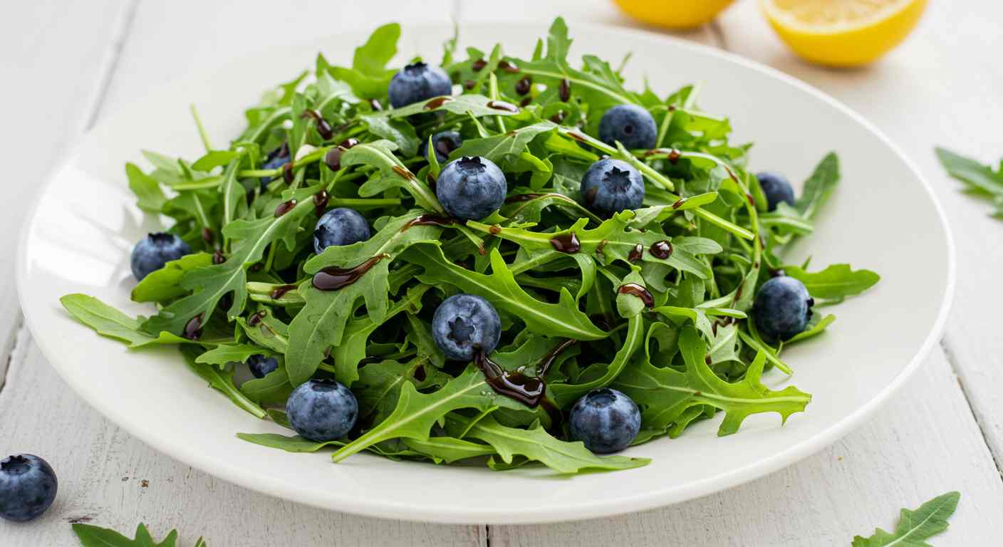 Ensalada de rúcula con arándanos en vinagre balsámico